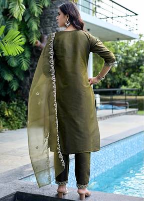 Mehendi color embroidered art silk party wear kurti set 2