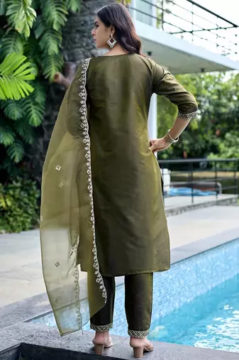 Mehendi color embroidered art silk party wear kurti set