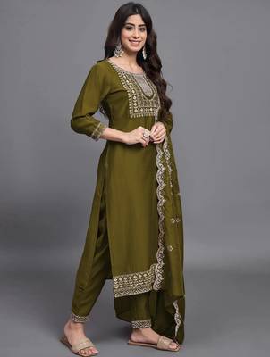 Mehendi color embroidered art silk party wear kurti set 3