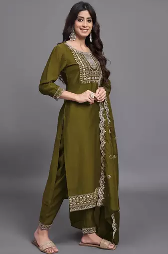 Mehendi color embroidered art silk party wear kurti set