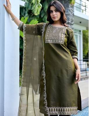 Mehendi color embroidered art silk party wear kurti set 5