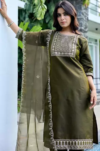 Mehendi color embroidered art silk party wear kurti set