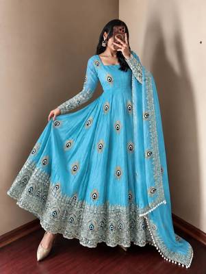 Sky blue designer fendy silk blend gown with sequin embroidered dupatta set 1