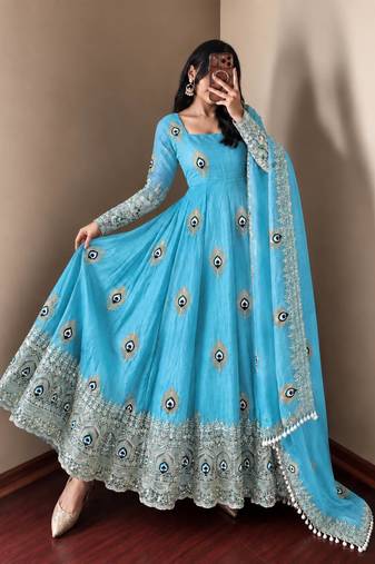 Sky blue designer fendy silk blend gown with sequin embroidered dupatta set