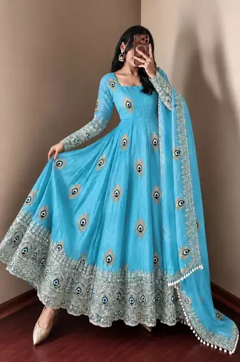 Sky blue designer fendy silk blend gown with sequin embroidered dupatta set