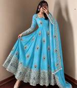 Sky blue designer fendy silk blend gown with sequin embroidered dupatta set