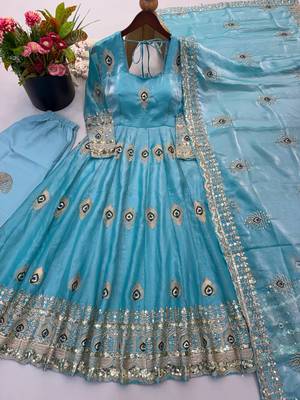 Sky blue designer fendy silk blend gown with sequin embroidered dupatta set 2