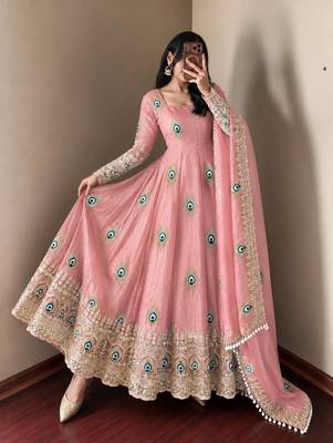 Baby pink designer fendy silk blend gown with sequin embroidered dupatta set 1