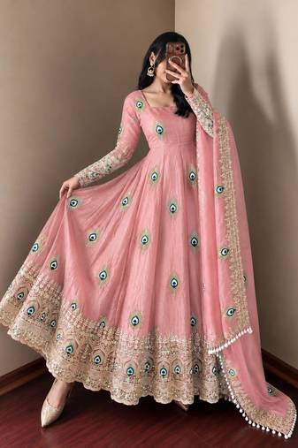 Baby pink designer fendy silk blend gown with sequin embroidered dupatta set