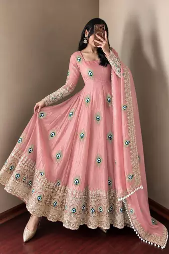 Baby pink designer fendy silk blend gown with sequin embroidered dupatta set