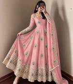 Baby pink designer fendy silk blend gown with sequin embroidered dupatta set