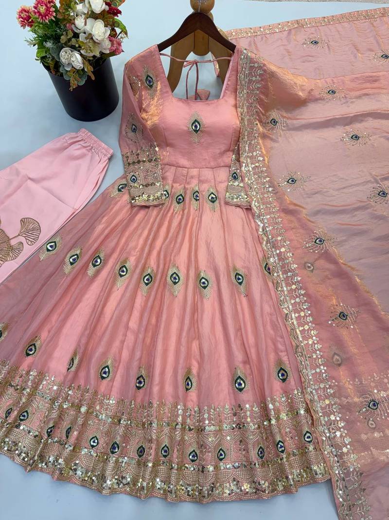 Baby pink designer fendy silk blend gown with sequin embroidered dupatta set