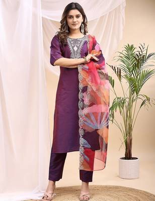 Wine color embroidered art silk party wear kurti set full stitched. 1