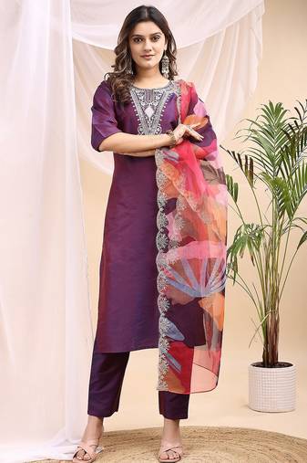 Wine color embroidered art silk party wear kurti set full stitched.