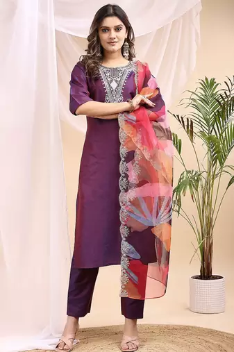 Wine color embroidered art silk party wear kurti set full stitched.