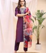 Wine color embroidered art silk party wear kurti set full stitched.