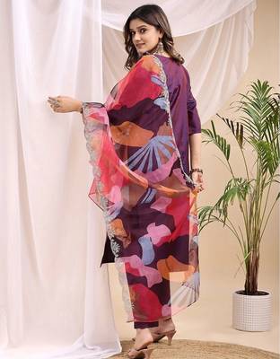 Wine color embroidered art silk party wear kurti set full stitched. 2