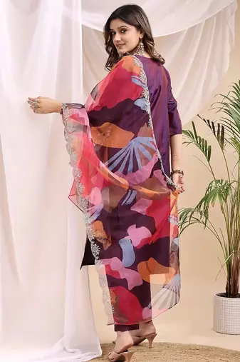 Wine color embroidered art silk party wear kurti set full stitched.