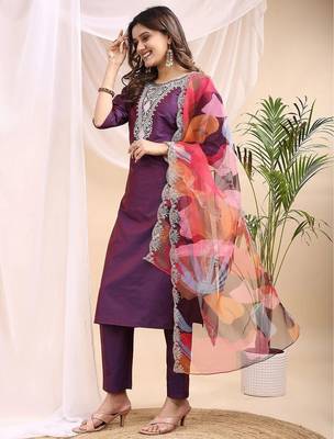Wine color embroidered art silk party wear kurti set full stitched. 3