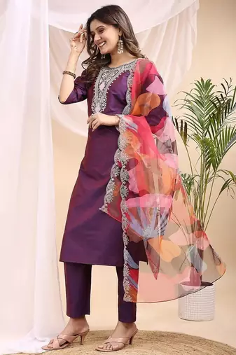 Wine color embroidered art silk party wear kurti set full stitched.