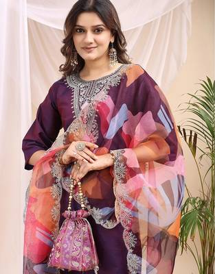 Wine color embroidered art silk party wear kurti set full stitched. 4