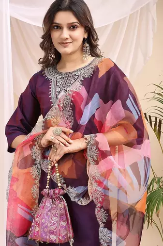 Wine color embroidered art silk party wear kurti set full stitched.