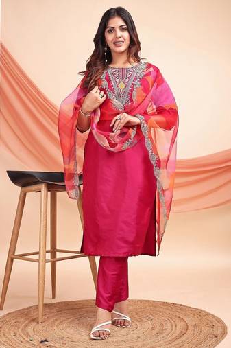 Rani pink color embroidered art silk party wear kurti set full stitched.
