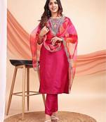 Rani pink color embroidered art silk party wear kurti set full stitched.
