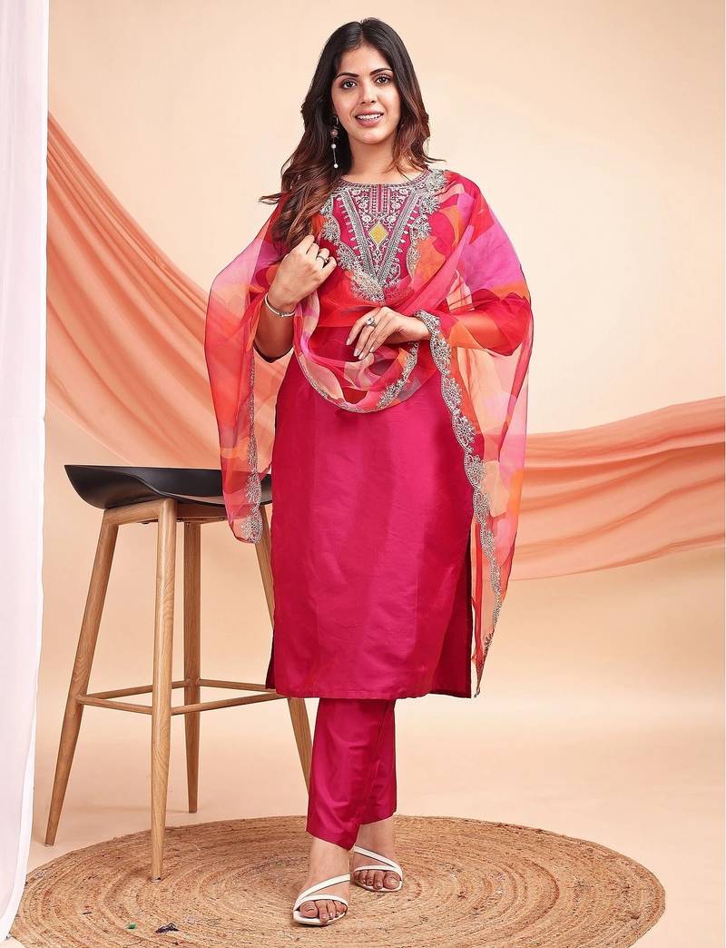 Rani pink color embroidered art silk party wear kurti set full stitched.