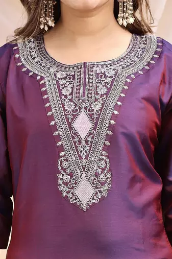 Wine color embroidered art silk party wear kurti set full stitched.