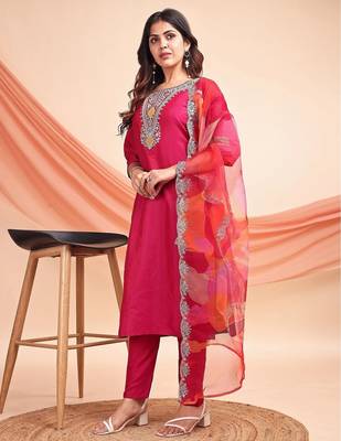 Rani pink color embroidered art silk party wear kurti set full stitched. 2