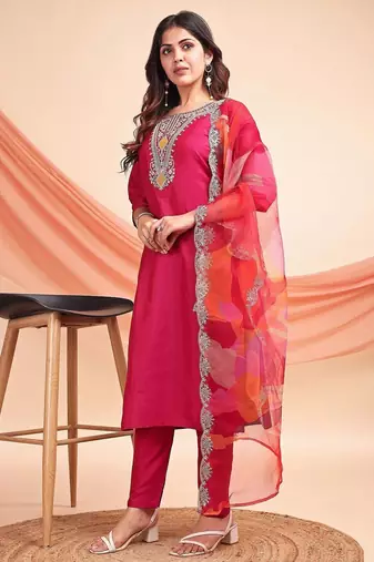 Rani pink color embroidered art silk party wear kurti set full stitched.