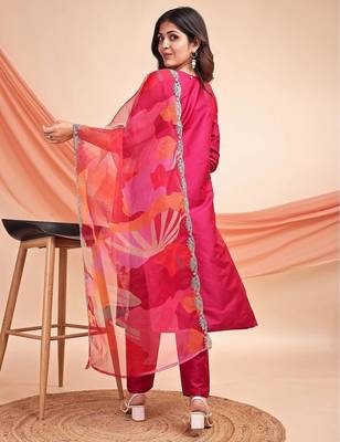 Rani pink color embroidered art silk party wear kurti set full stitched. 3