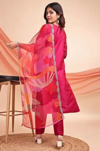 Rani pink color embroidered art silk party wear kurti set full stitched.
