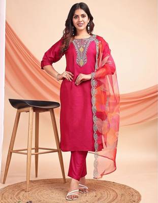 Rani pink color embroidered art silk party wear kurti set full stitched. 4