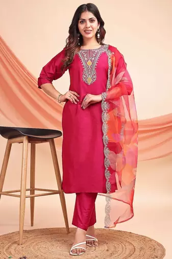 Rani pink color embroidered art silk party wear kurti set full stitched.