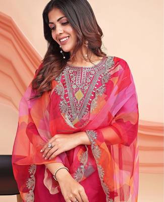 Rani pink color embroidered art silk party wear kurti set full stitched. 5