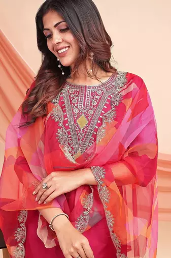 Rani pink color embroidered art silk party wear kurti set full stitched.