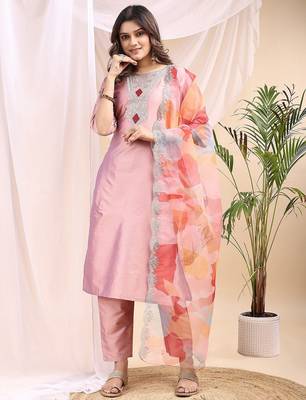 Peach color embroidered art silk party wear kurti set  1