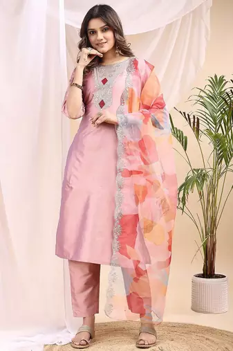 Peach color embroidered art silk party wear kurti set 