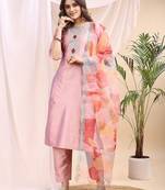 Peach color embroidered art silk party wear kurti set 