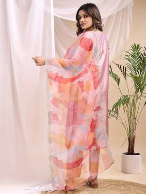 Peach color embroidered art silk party wear kurti set  2