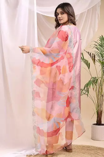 Peach color embroidered art silk party wear kurti set 