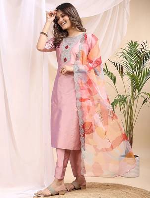 Peach color embroidered art silk party wear kurti set  3
