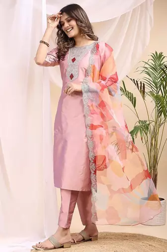 Peach color embroidered art silk party wear kurti set 