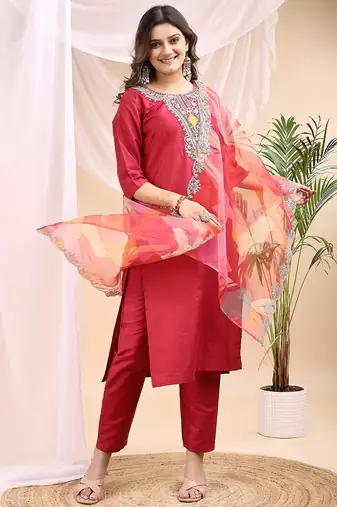 Maroon color embroidered art silk party wear kurti set 