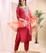 Maroon color embroidered art silk party wear kurti set 