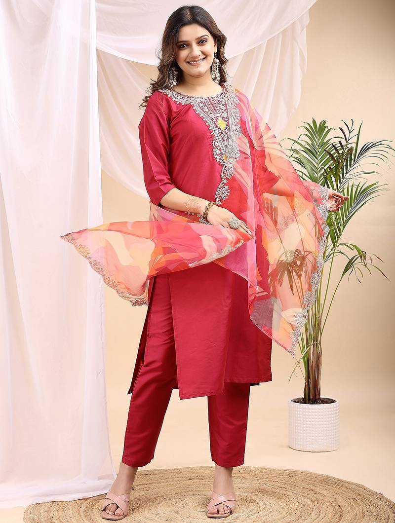 Maroon color embroidered art silk party wear kurti set 