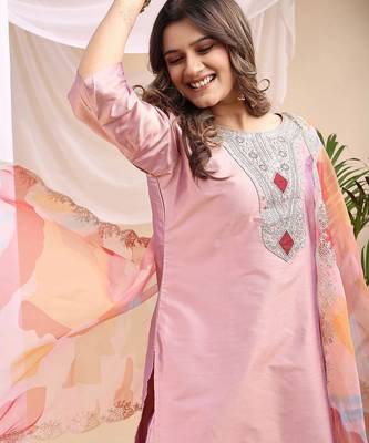 Peach color embroidered art silk party wear kurti set  4