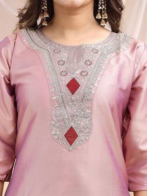 Peach color embroidered art silk party wear kurti set  5